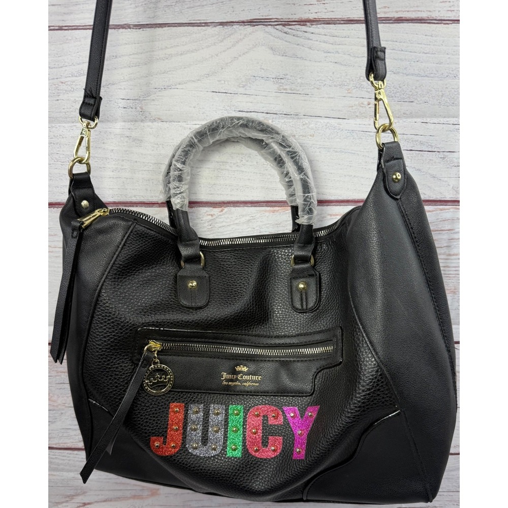 Juicy Couture Black Pebbled Satchel Crossbody Bag Multi Glitter Logo NWT